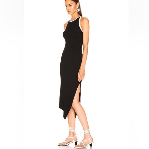 A.L.C. Black Ribbed Midi Dress S | Racerback | Asymmetrical Hem | Chic LBD - Picture 5 of 8